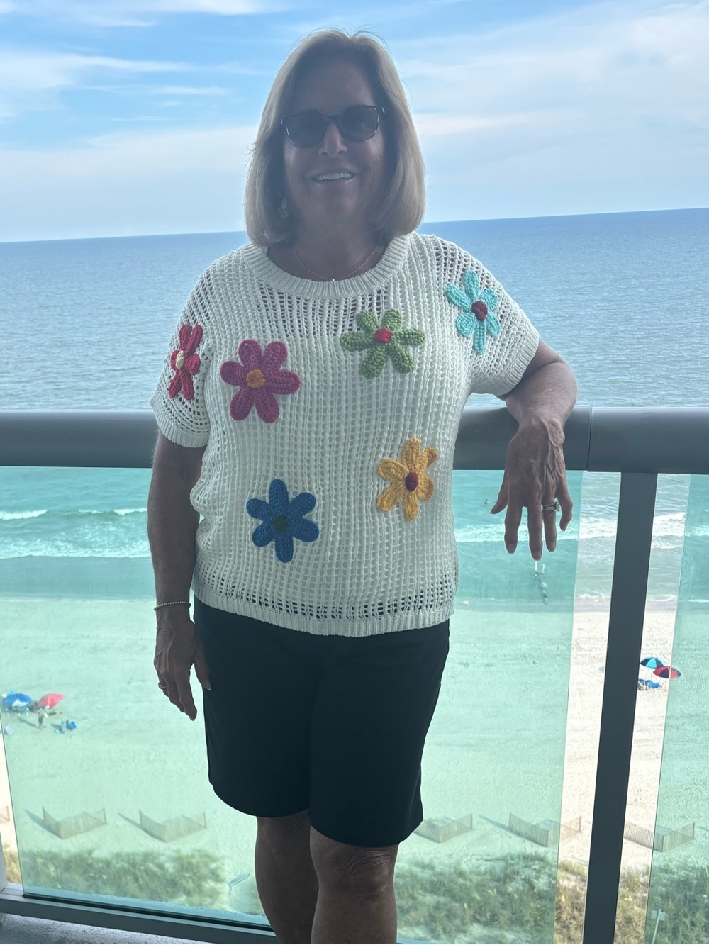Crochet Flower Mesh Top - Pastel Cream with Colorful Flowers